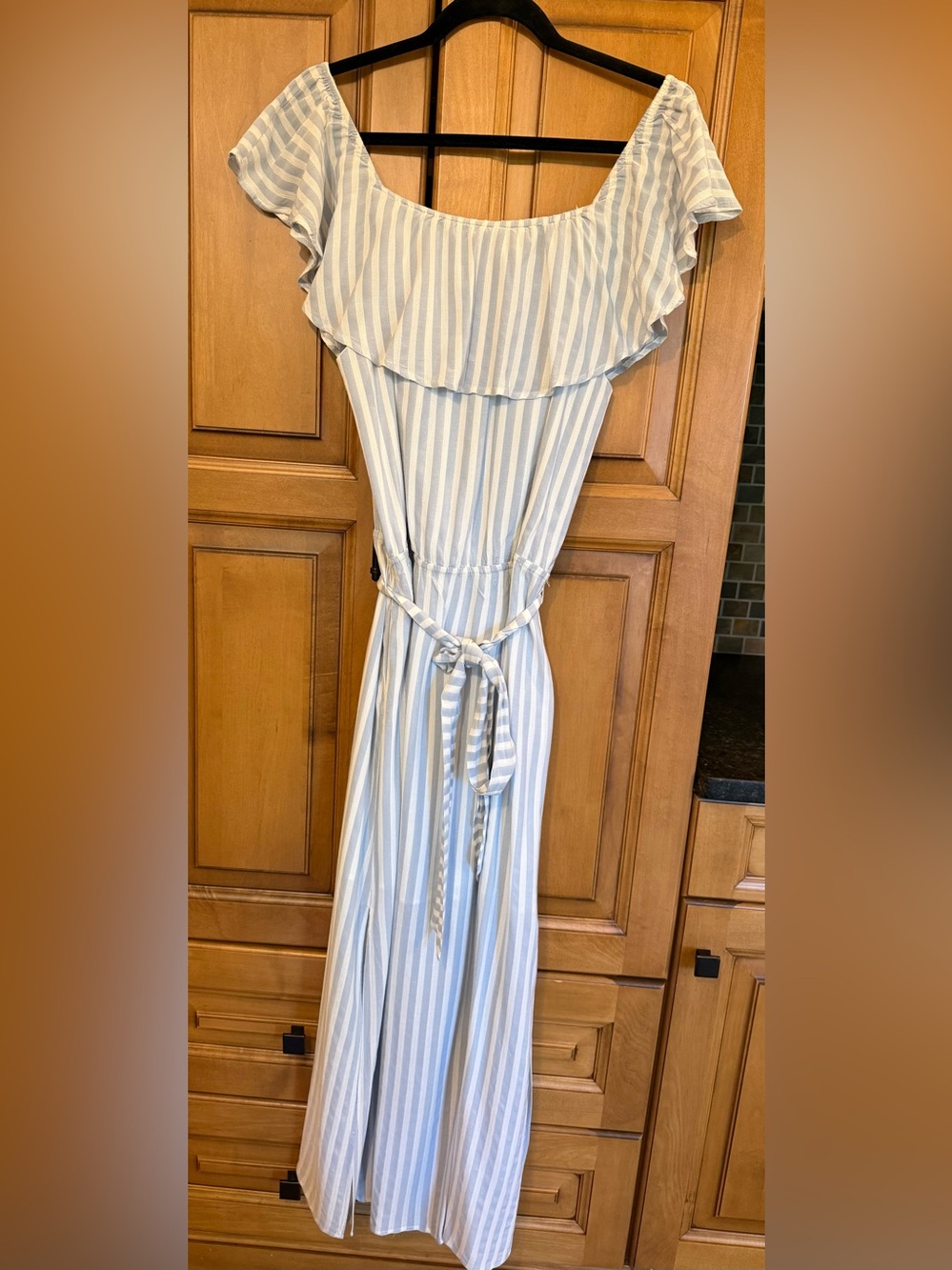 1. State White and Light Blue Striped Maxi Dress